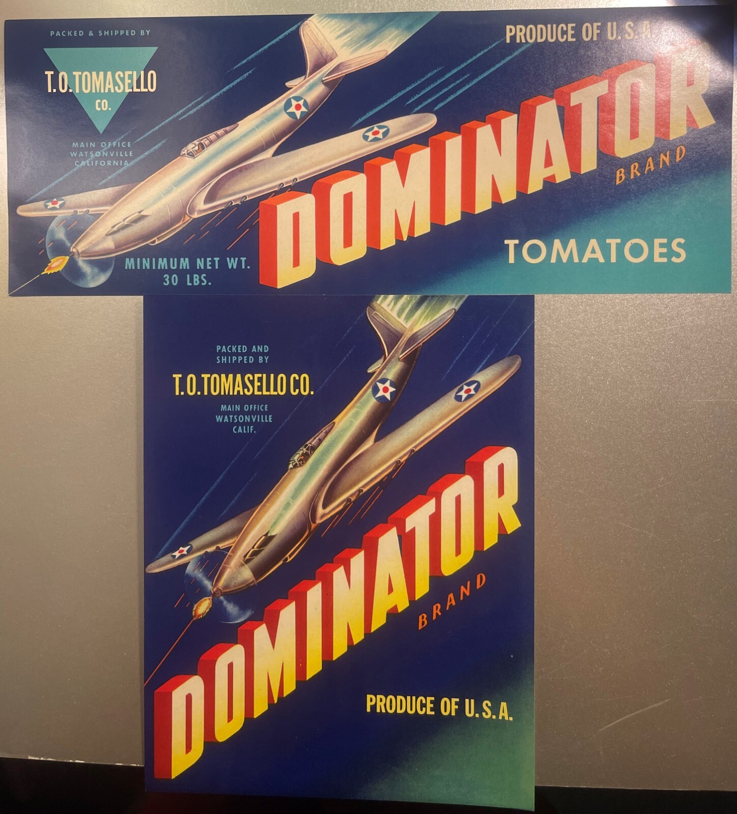 Vintage Dominator Crate Labels 1940s – 1950s, WWII P51 Mustang! Watsonville, CA