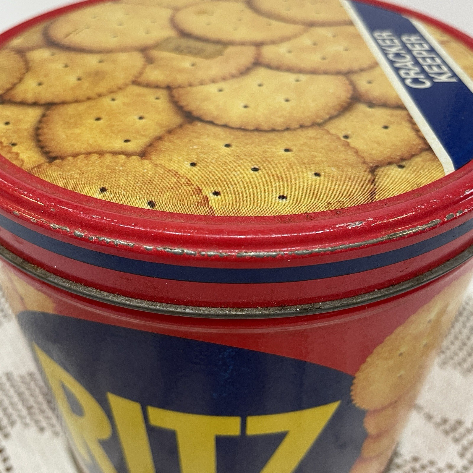 Vintage Ritz Crackers Advertising Tin Collectible Cracker Keeper Red Blue Yellow