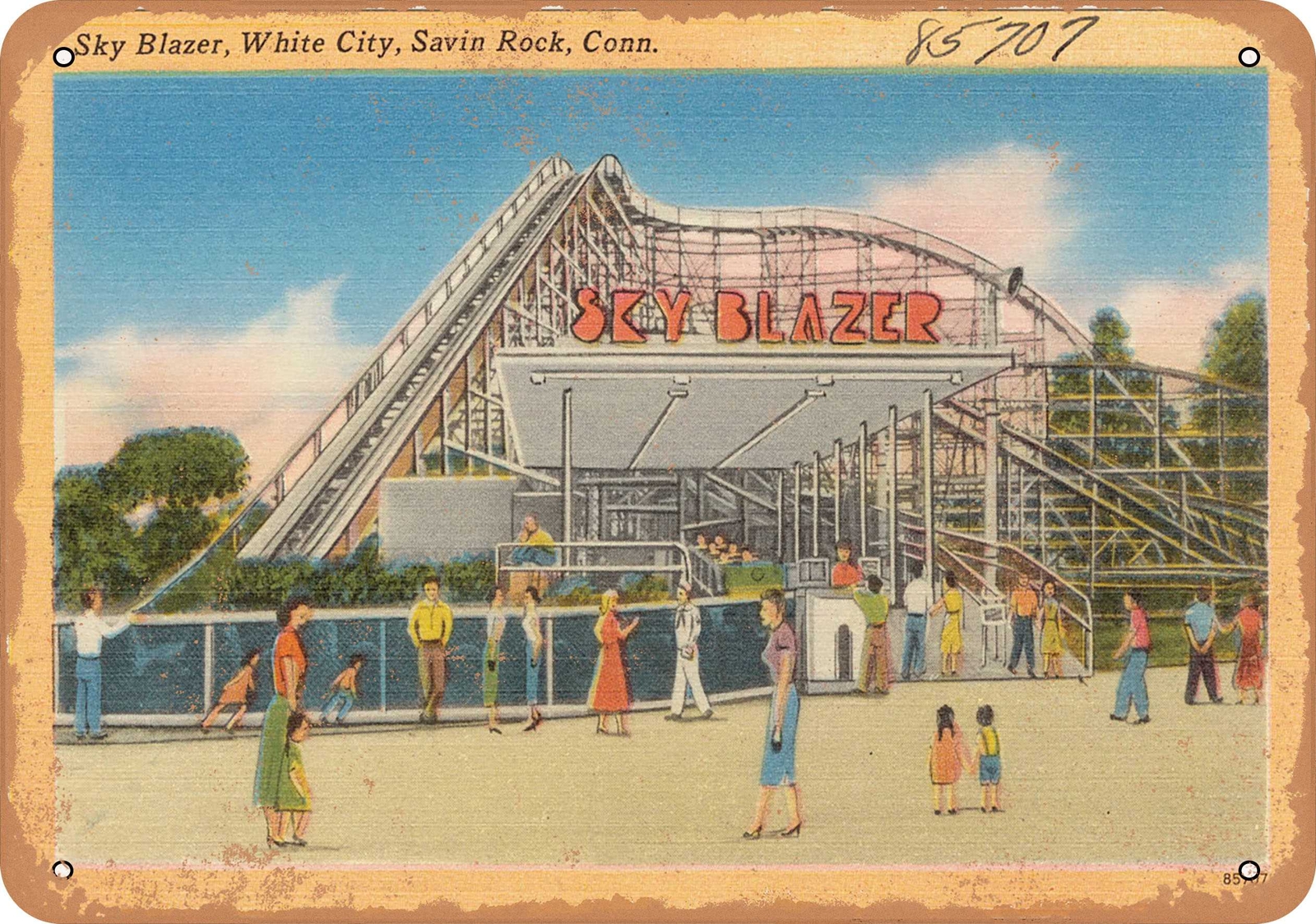METAL SIGN – Connecticut Postcard – Sky Blazer, White City, Savin Rock, Conn.