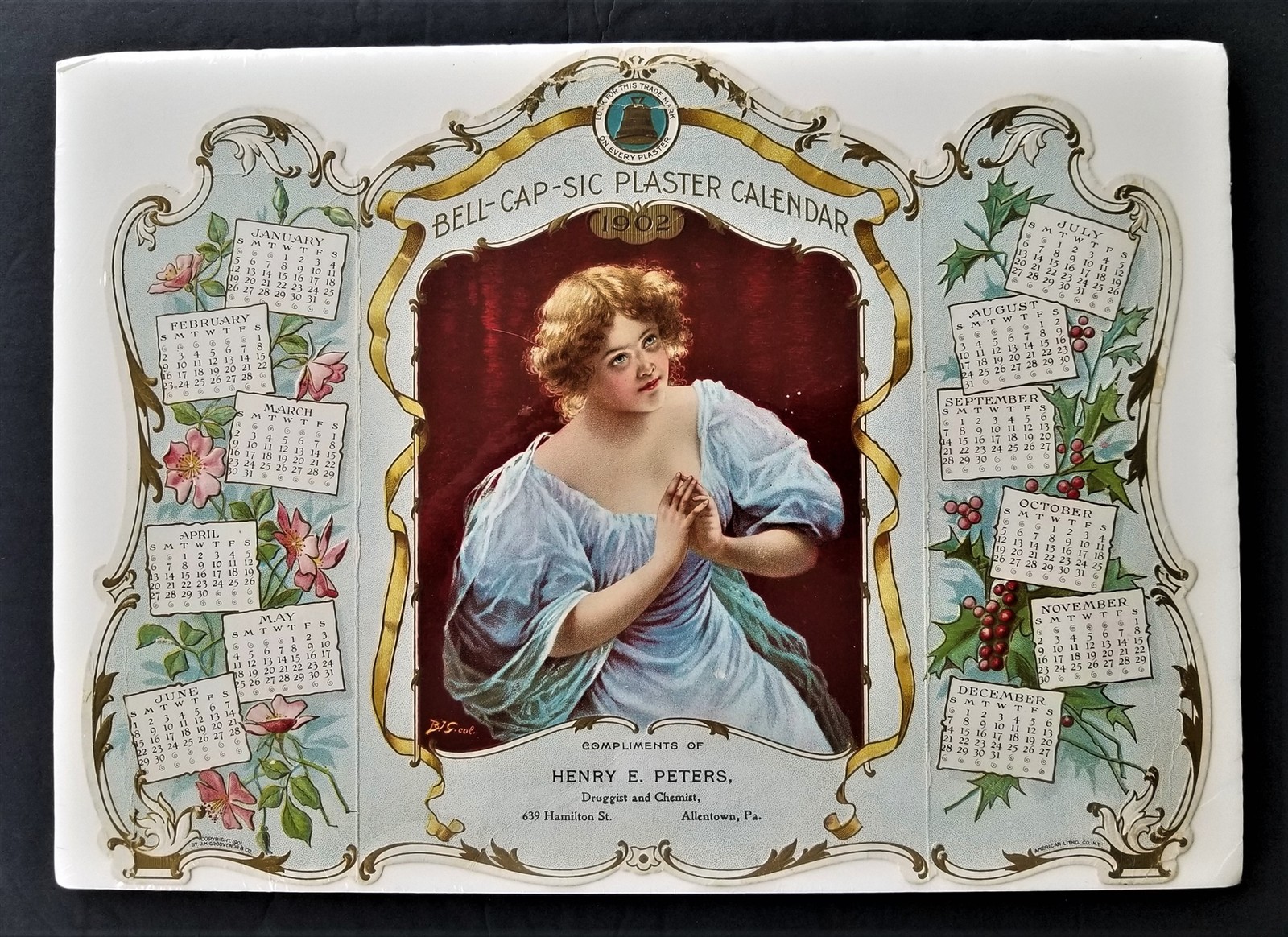 1902 antique CALENDAR allentown pa HENRY PETERS ad DRUGGIST victorian art lady