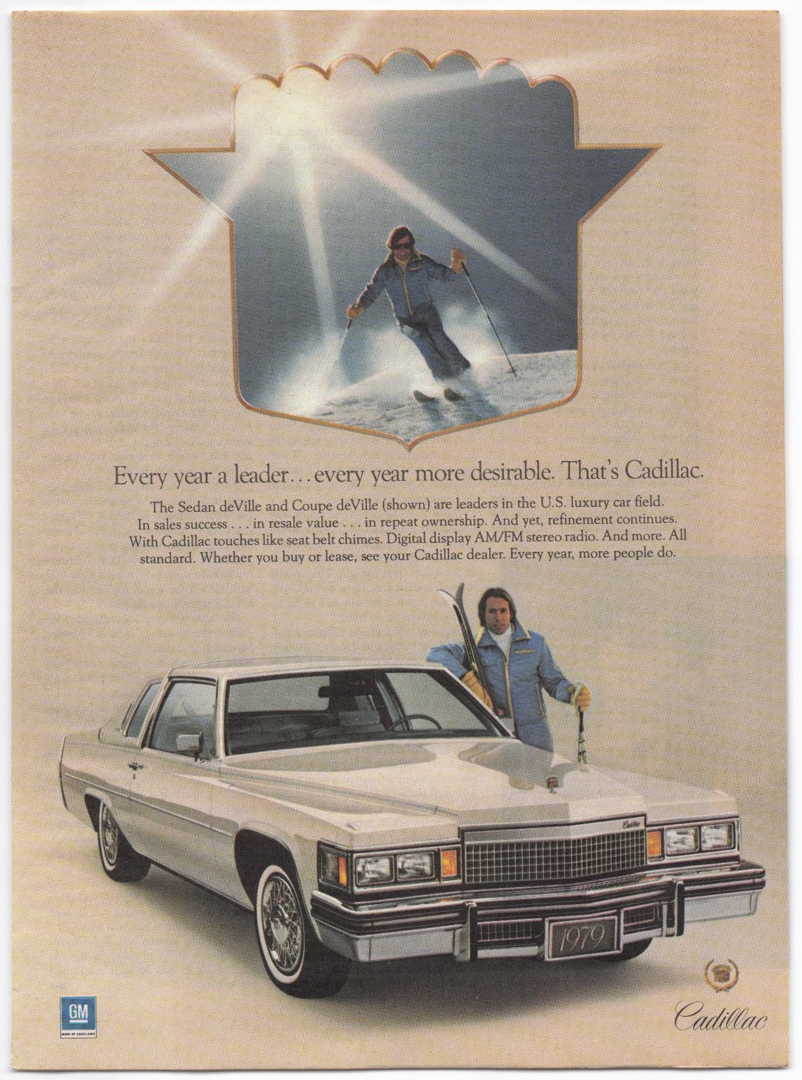 Vintage Cadillac Automobile Ad 1979 Coupe DeVille Skiing Luxury Car