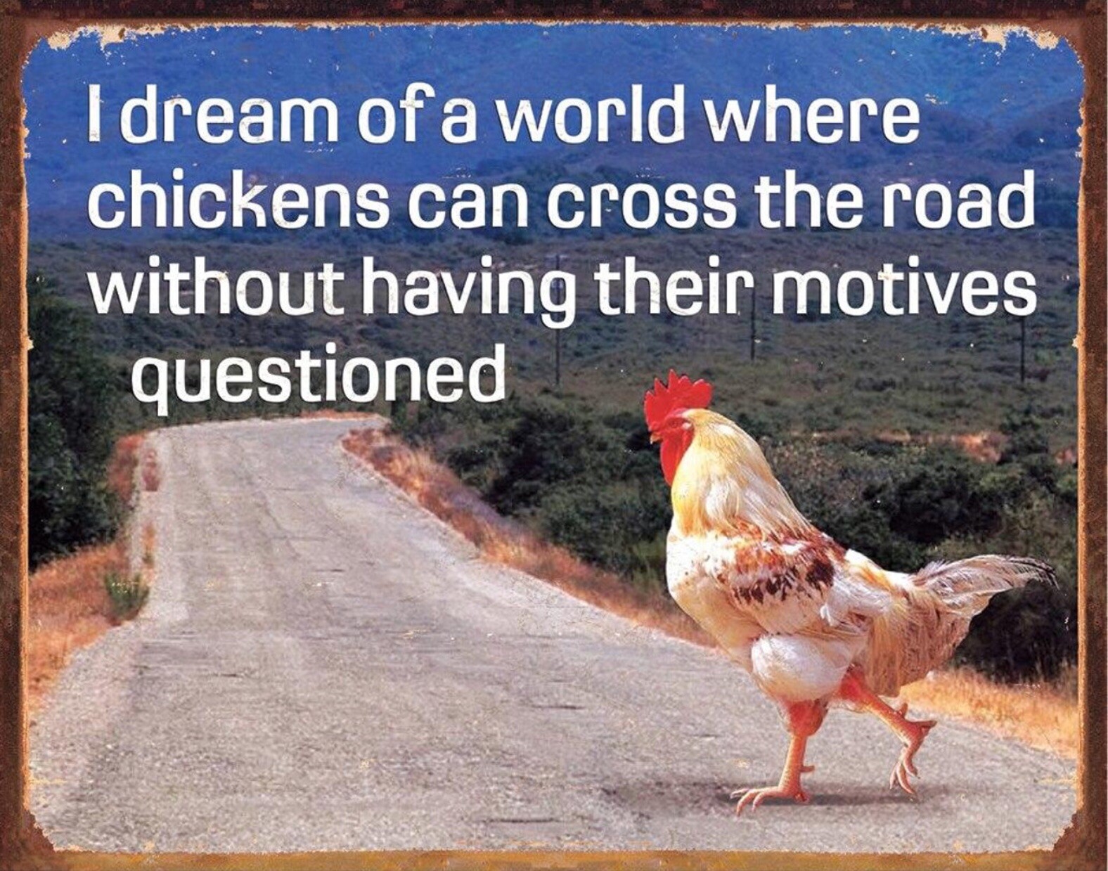 I Dream Of A World Where Chickens Can Cross The Road on a 12.5”x 16” Tin Sign.
