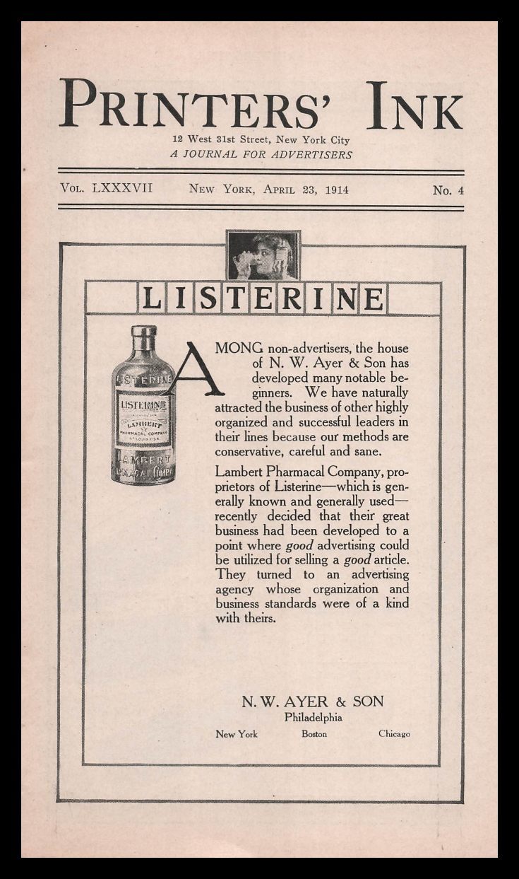 1914 Listerine N. W. Ayer & Son Philadelphia Advertising Agency Vintage Print Ad
