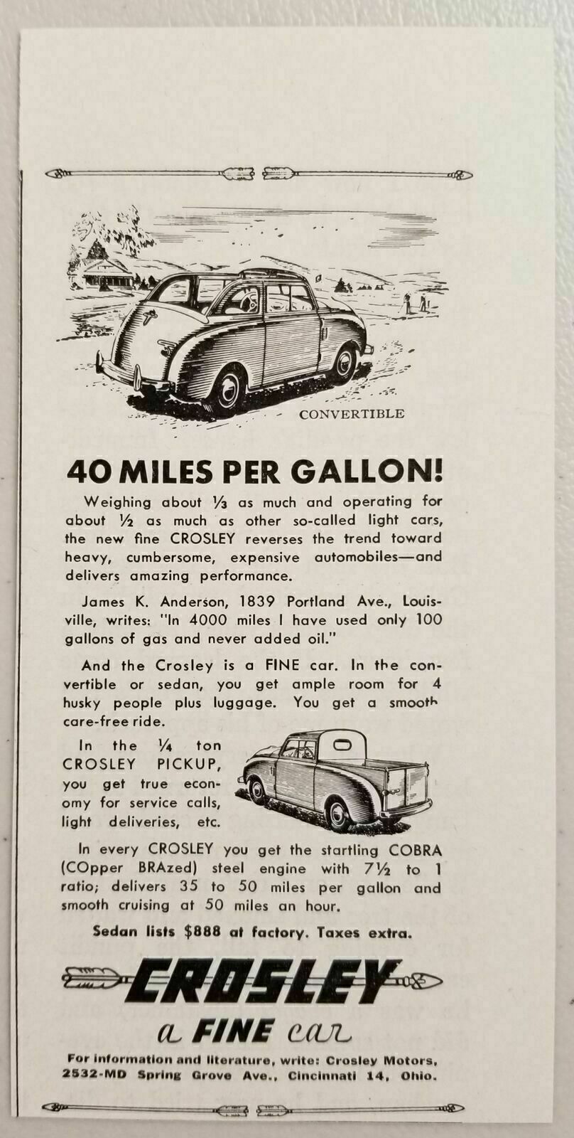 1947 Print Ad Crosley Cars Convertible & Pickup Trucks Cincinnati,Ohio
