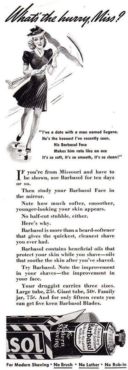 1939 Barbasol: Whats the Hurry Miss Vintage Print Ad