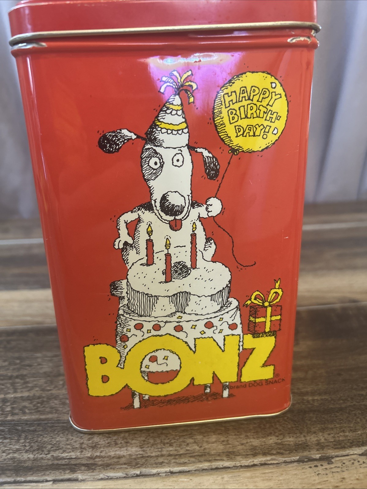 Vintage Bonz 1986 Ralston Purina Dog Treat Tin Dental Treats Vet Decor Patina