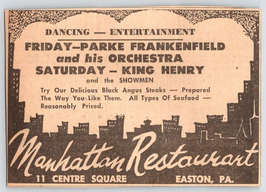 1962 MANHATTAN RESTAURANT EASTON PA AD Vintage 2.5″X3.5″ Newspaper 1960’s M386