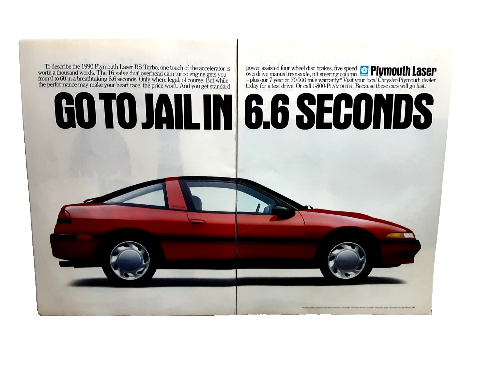 1989 1990 Plymouth Laser Turbo Ad – Classic Sports Car Go to Jail Vintage Print