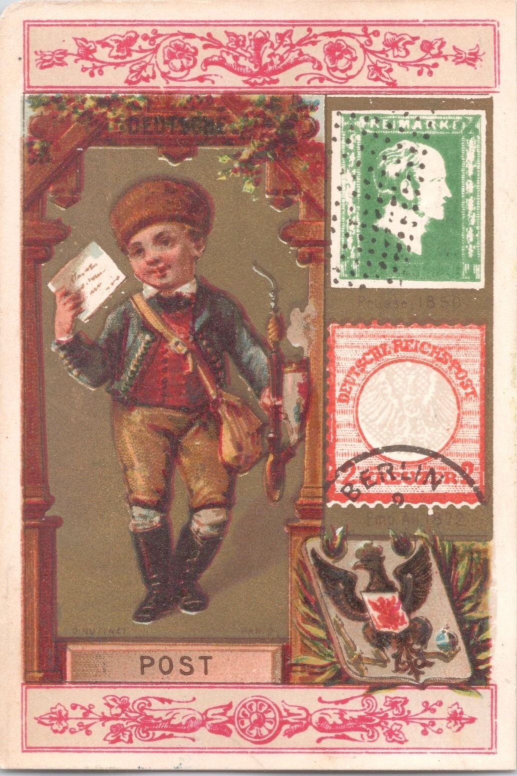 Charming Antique Victorian Trade Card – Mail Carriers of the World – Germany