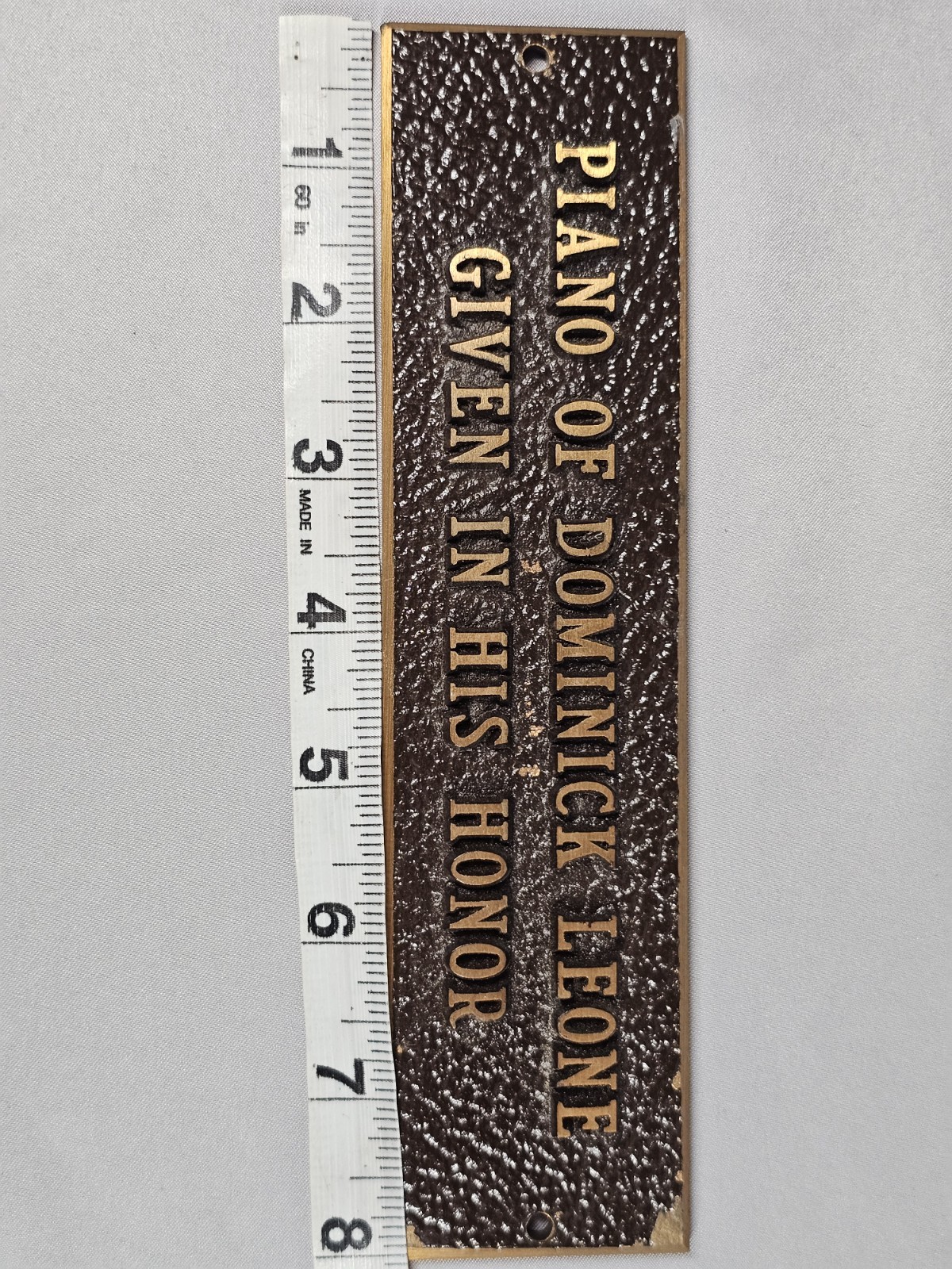Piano In Honor Of Domonick Leone Plaque Sign Vintage Brass / Bronze Heavy 8×2
