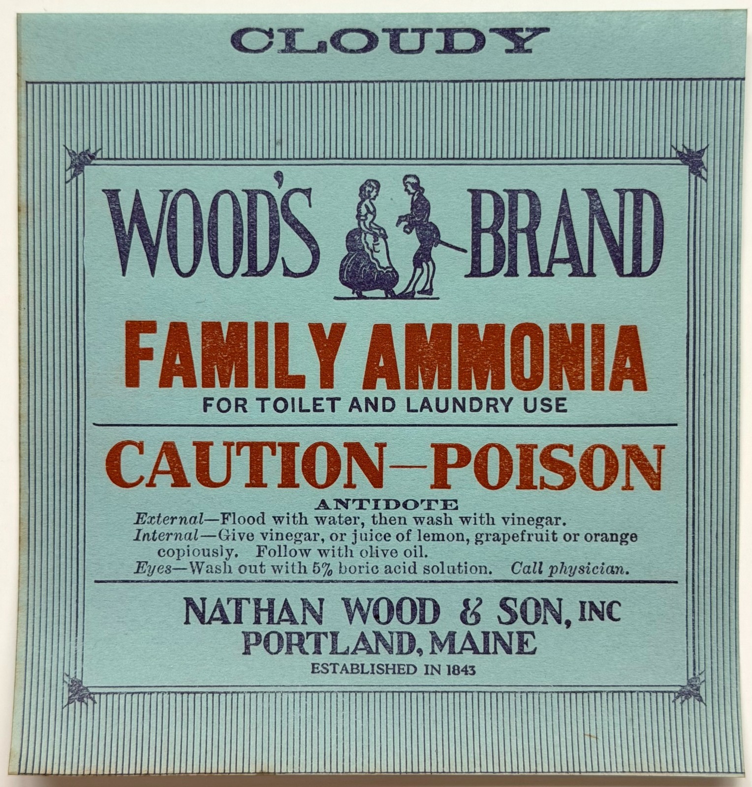 c1900s Woods Brand Family Ammonia Label Unused Portland Maine Caution-Poison J7