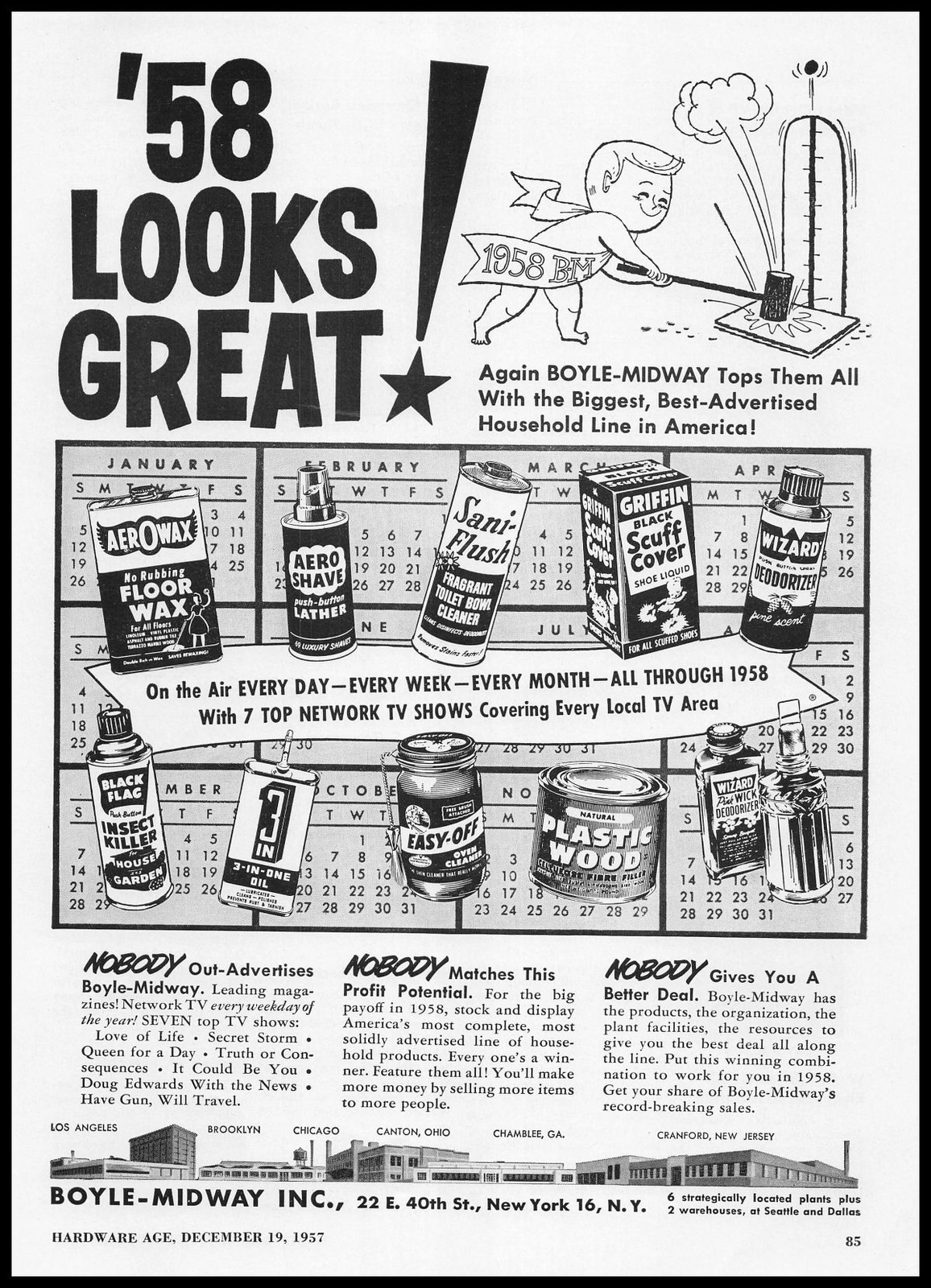 1957 Boyle Midway New York AerOWax Floor Wax Black Flag Insect Killer Print Ad