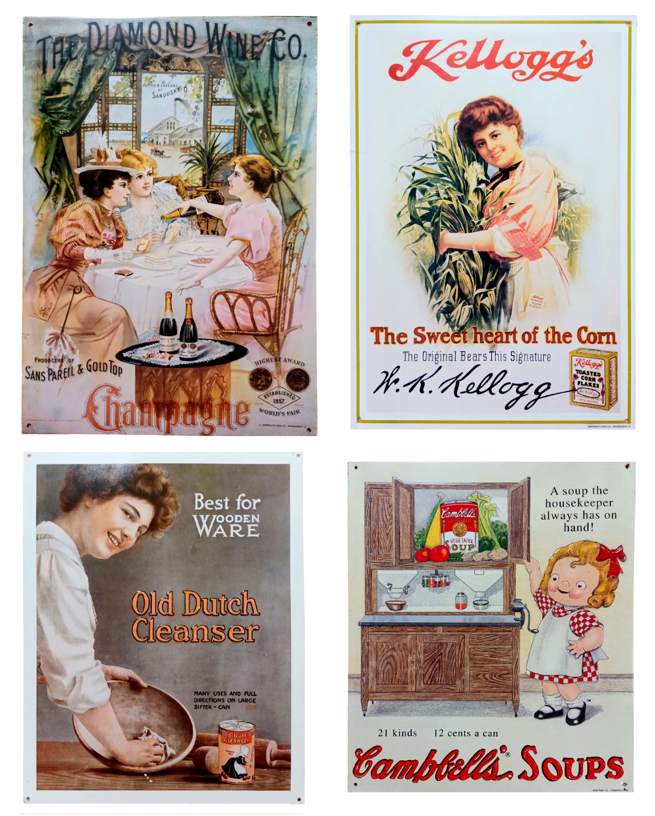 4x Large Vintage Tin Advertising Signs Campbells Diamond Wine Kelloggs Old Dutch