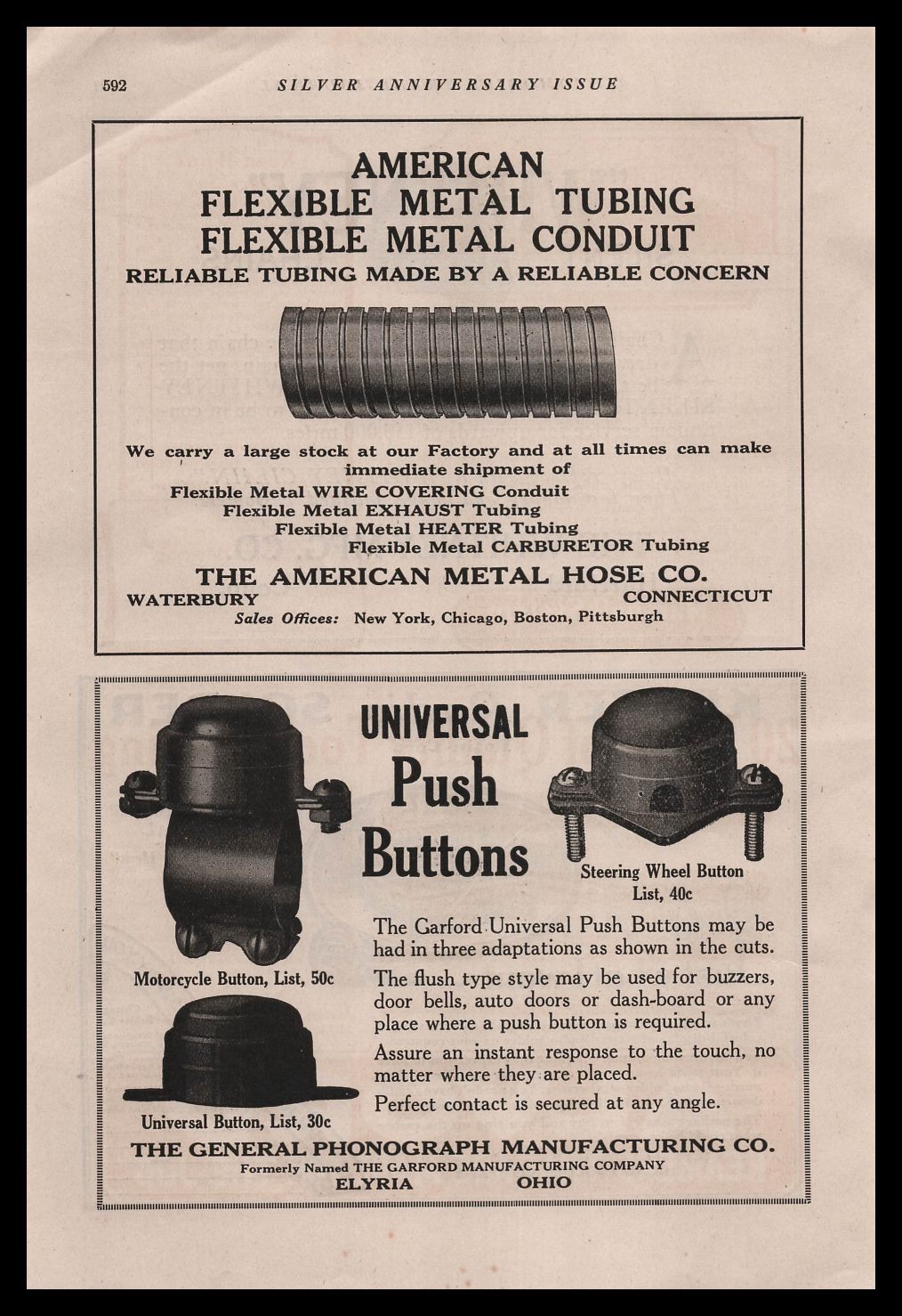1924 General Phonograph Elyria Ohio Garford Motorcycle Universal Button Print Ad