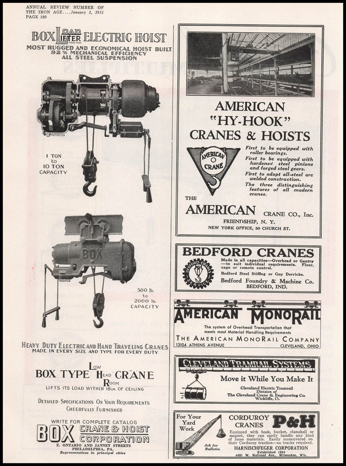 1931 Box Crane & Hoist Corp Philadelphia 10 Ton Low Head Box Type Crane Print Ad