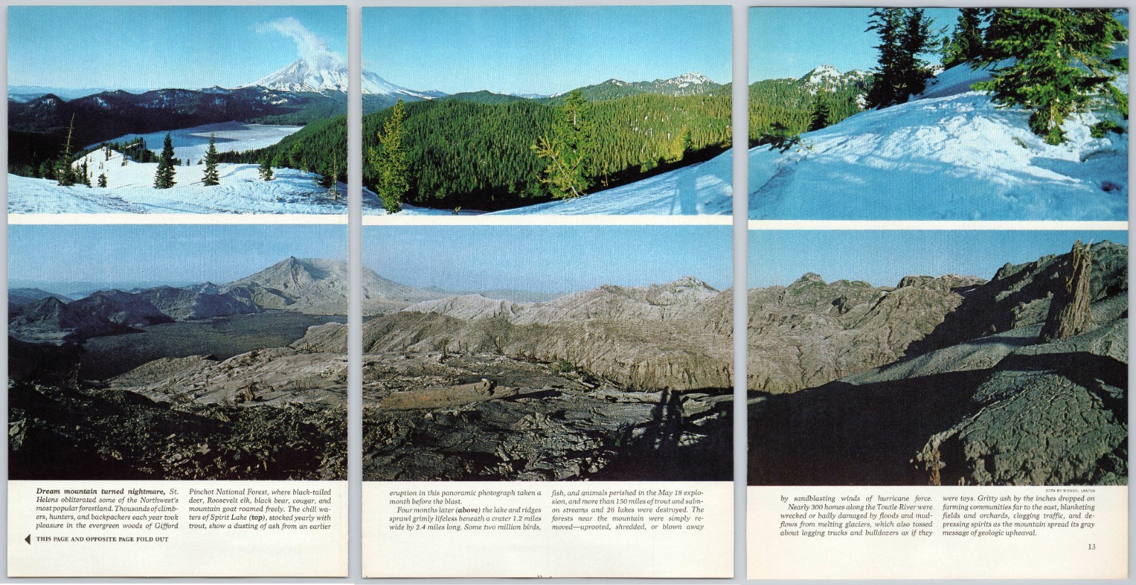 1981 Mt. St. Helens WA Volcano Eruption Before/After 3-Page Nat Geo Print Photo