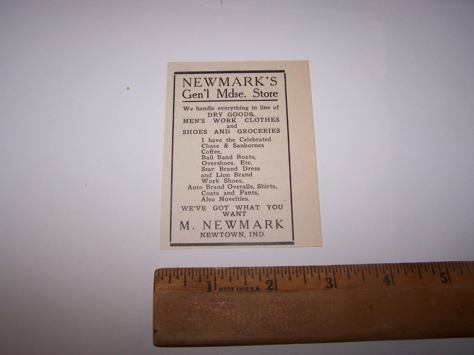 1920 NEWMARK’S GENERAL MERCHANDISE STORE Paper Ad NEWTOWN INDIANA