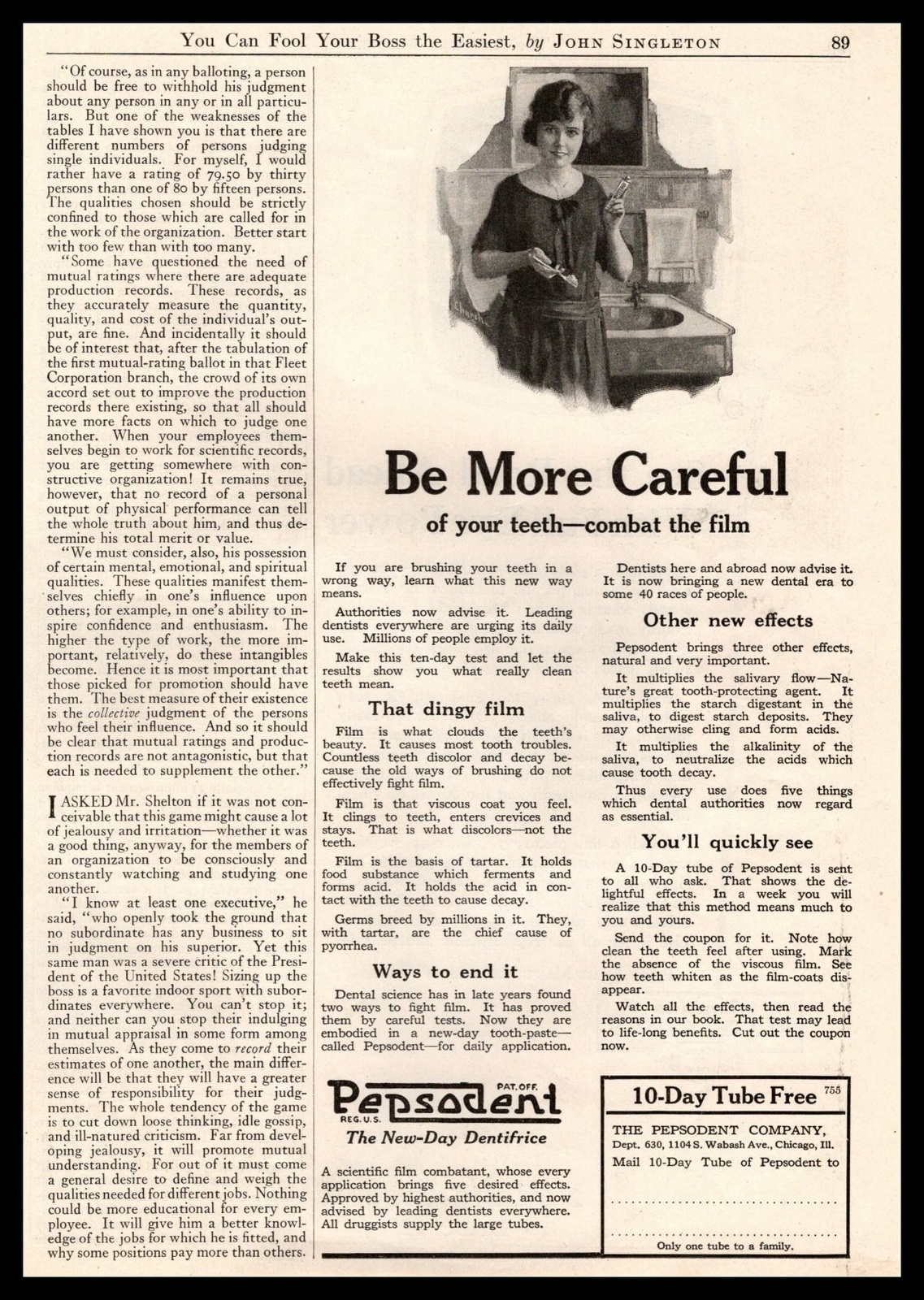 1922 Pepsodent Co. Toothpaste “Be More Careful Of Your Teeth” Vintage Print Ad