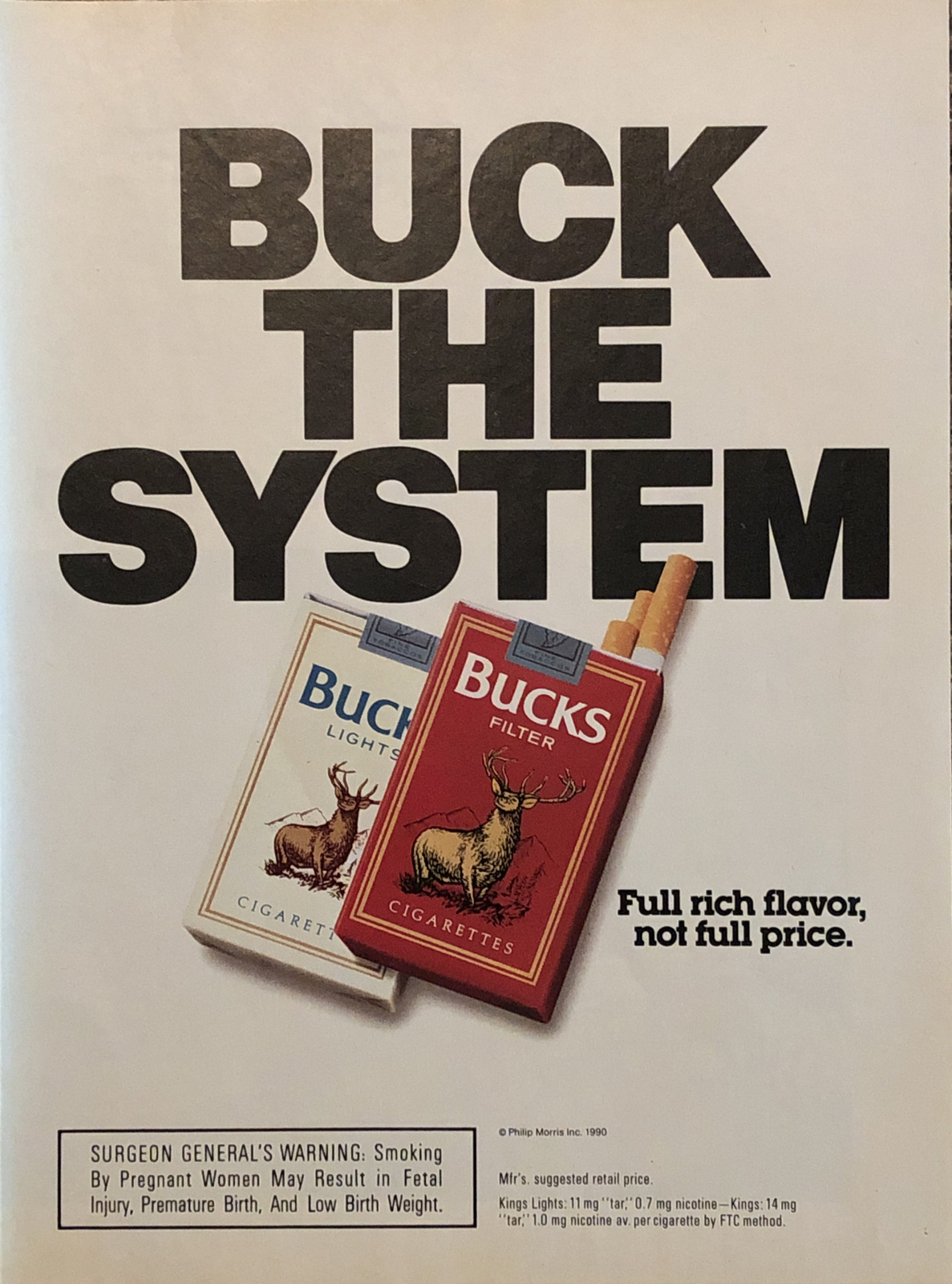 1990 Bucks Cigarettes PRINT AD Full Rich Flavor Cheap – Buck The System VTG 90s