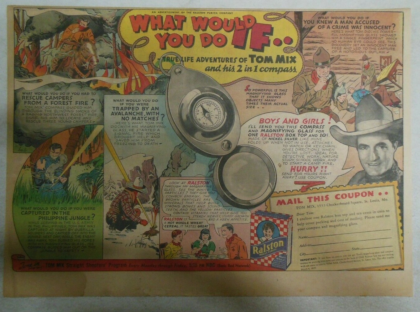 Ralston Cereal Ad: Tom Mix “2 in 1 Compass” Premium 1937 Size:11 x 15 inches