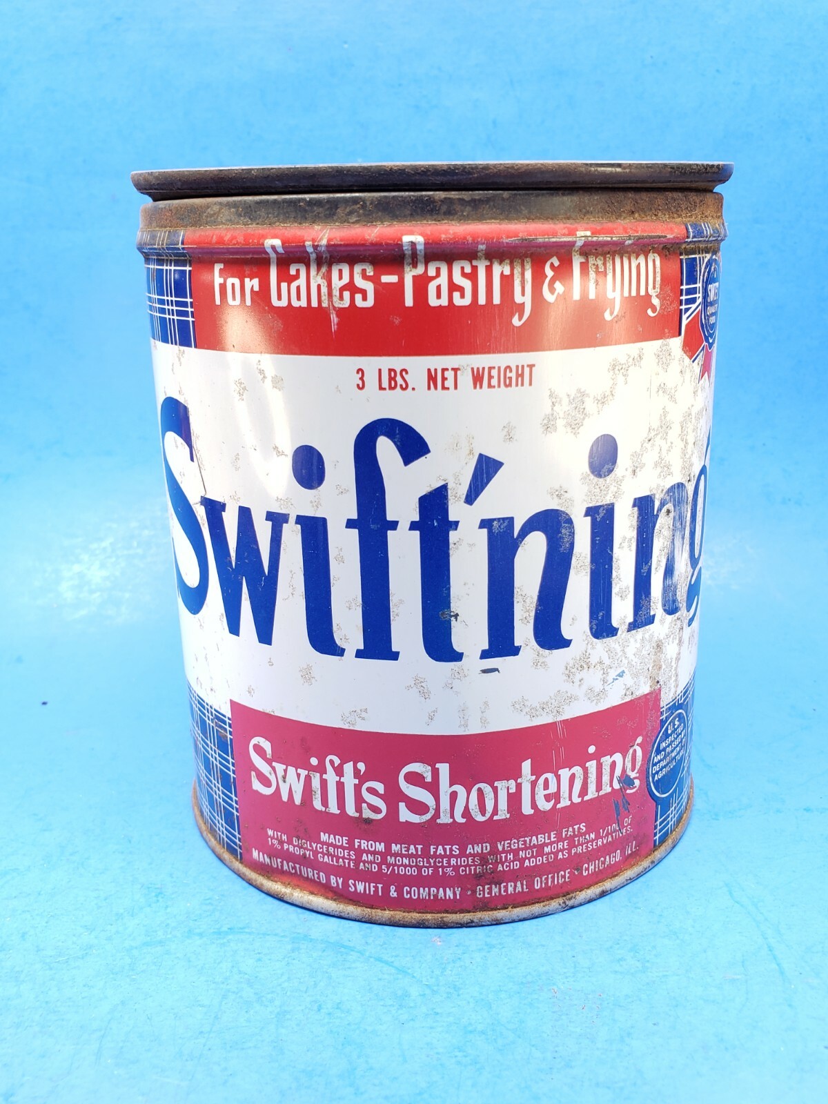 Tin Can Swiftning Shortening Lithographed 3 lb Swift Co Chicago IL Empty W/ Lid