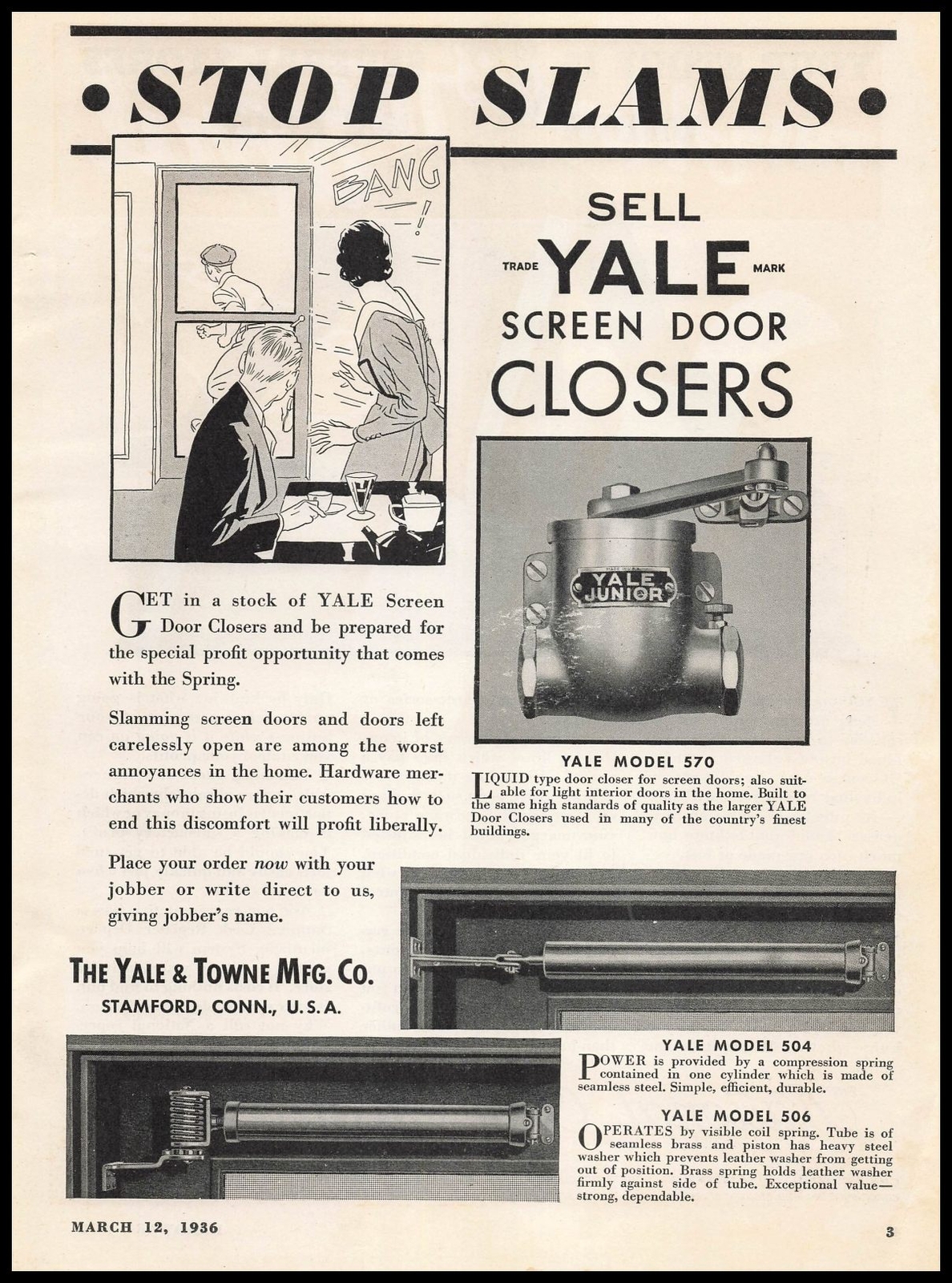1936 Yale & Towne Stamford Connecticut Sell Screen Door Closers Cartoon Print Ad