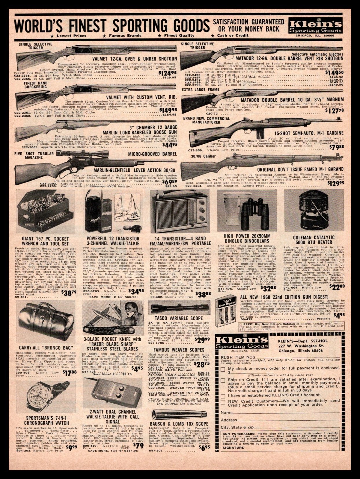 1967 Klein’s Sporting Goods Marlin Glenfield 30/30 M-1 Garand Vintage Print Ad