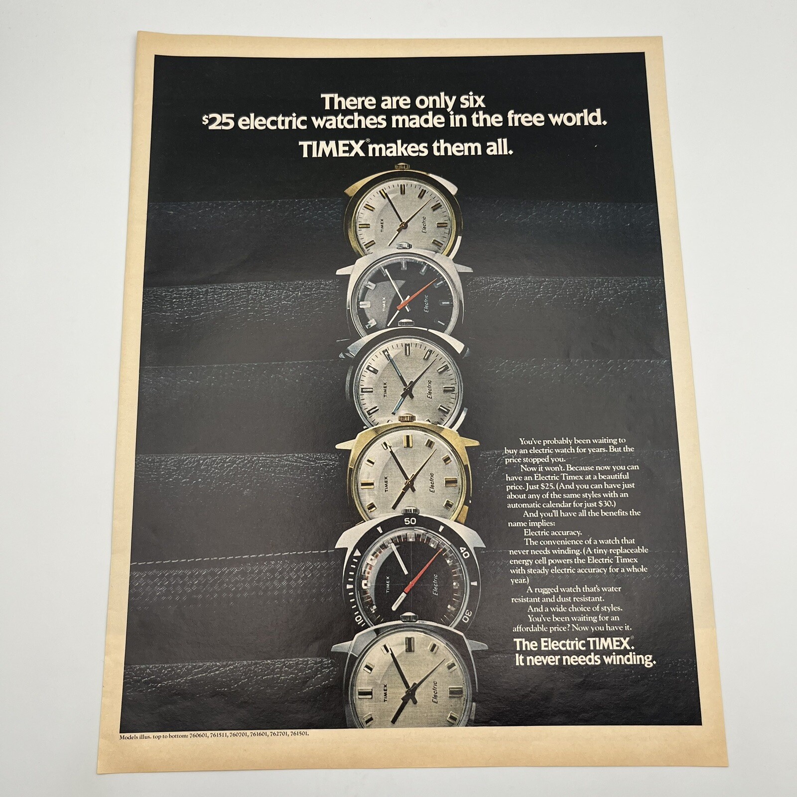 Timex Electric Watches 1971 Vintage Print Ad 10″x13″ retro style horology