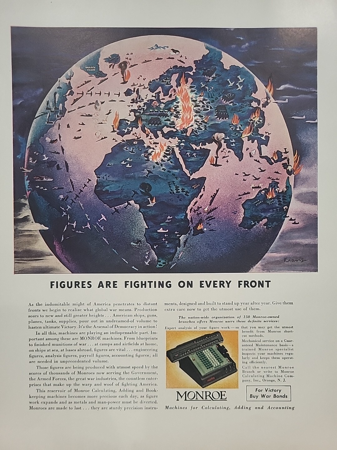 1942 Monroe Calculating Machines Fortune WW2 Print Ad Q4 Globe Fires Warplanes