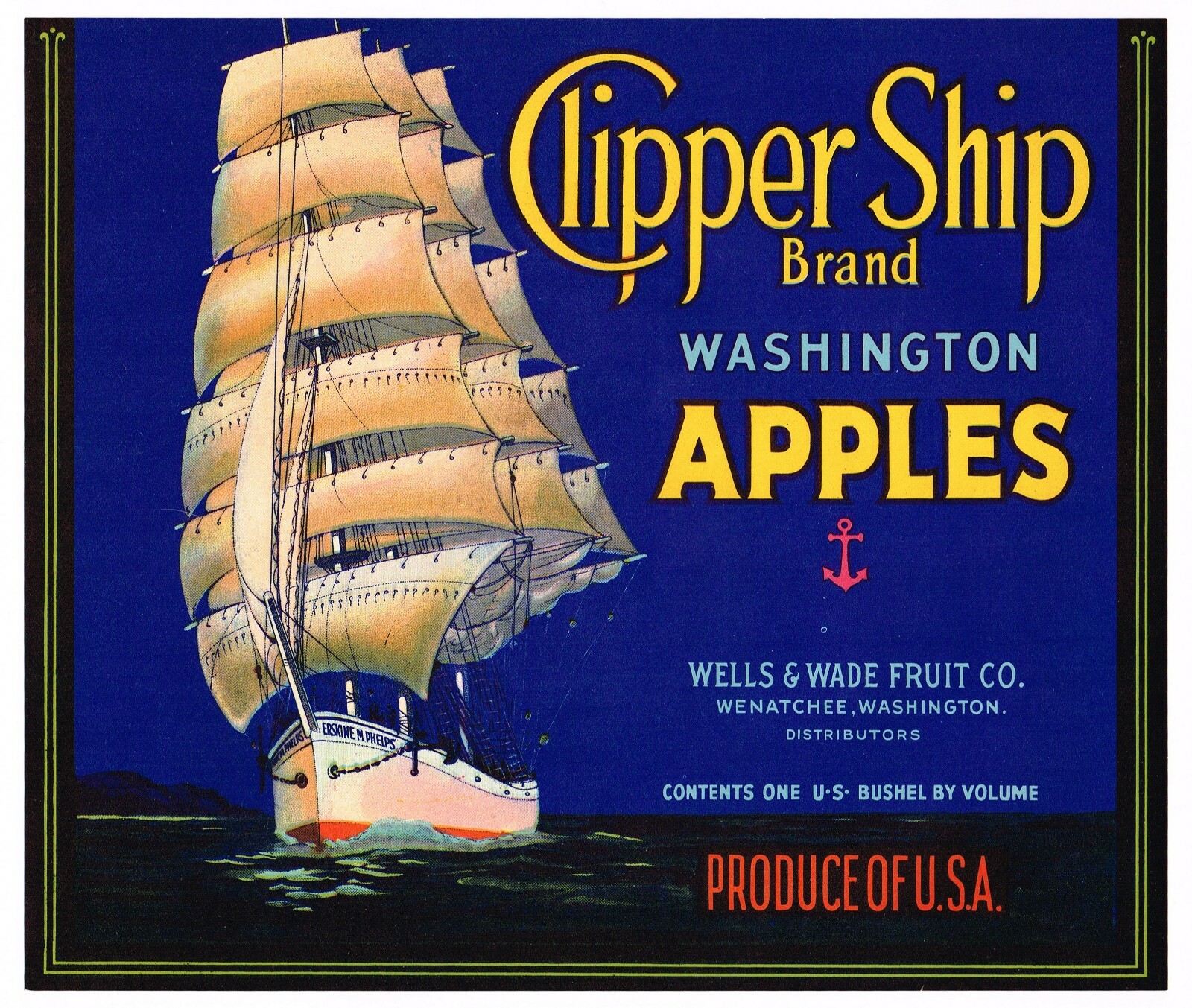 GENUINE CRATE LABEL VINTAGE WENATCHEE 1930S SCARCE CLIPPER SHIP BLUE WELLS WADE
