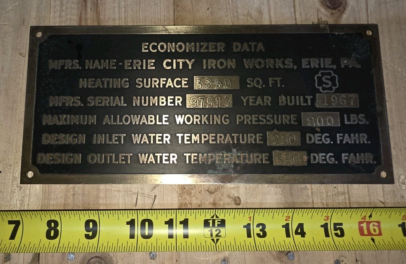 Vintage 1967 Brass Erie City Iron Works Brass Boiler Water Heater Plate Plaque