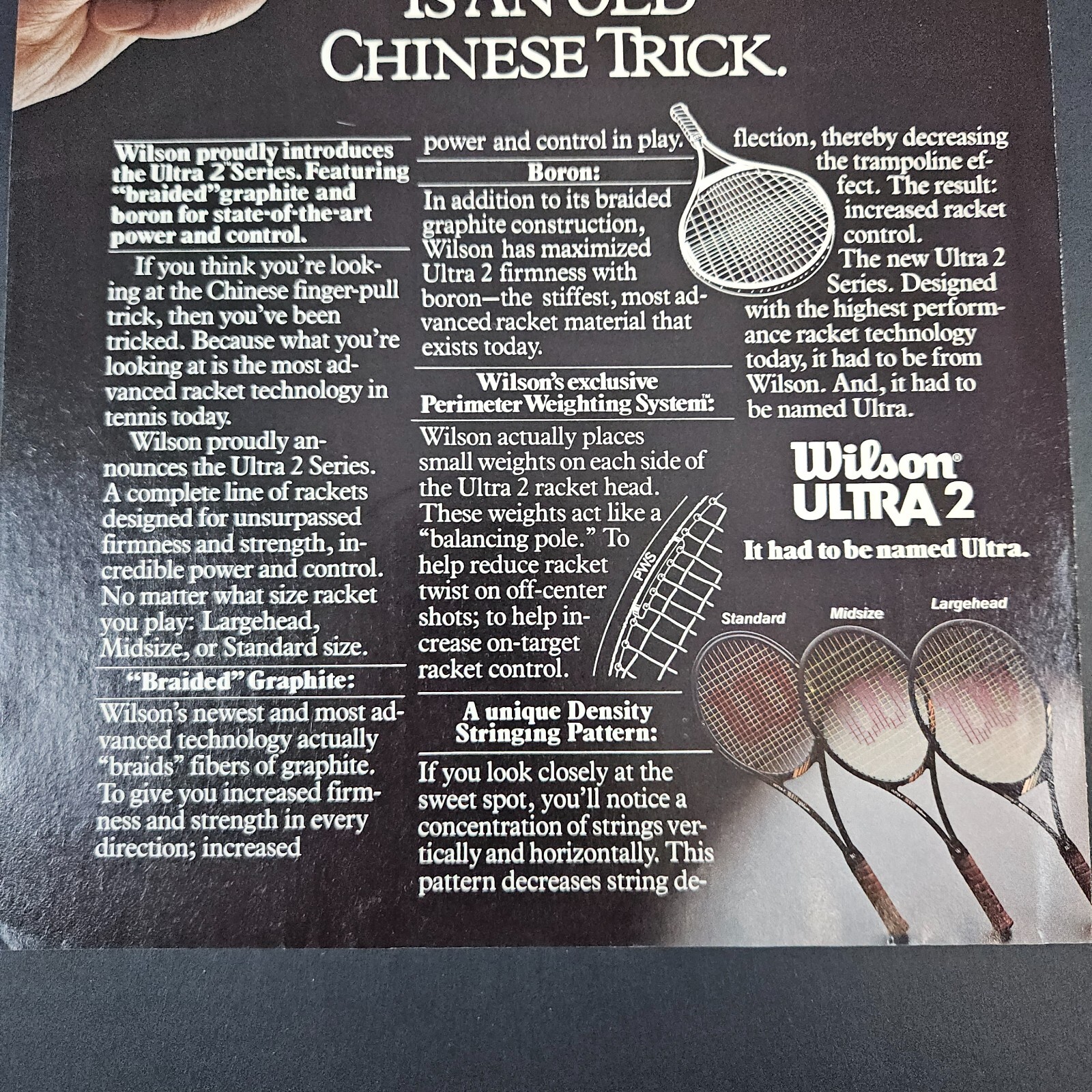 1983 Wilson Ultra 2 Graphite Tennis Racket Vintage Print Ad Chinese Finger Cuffs