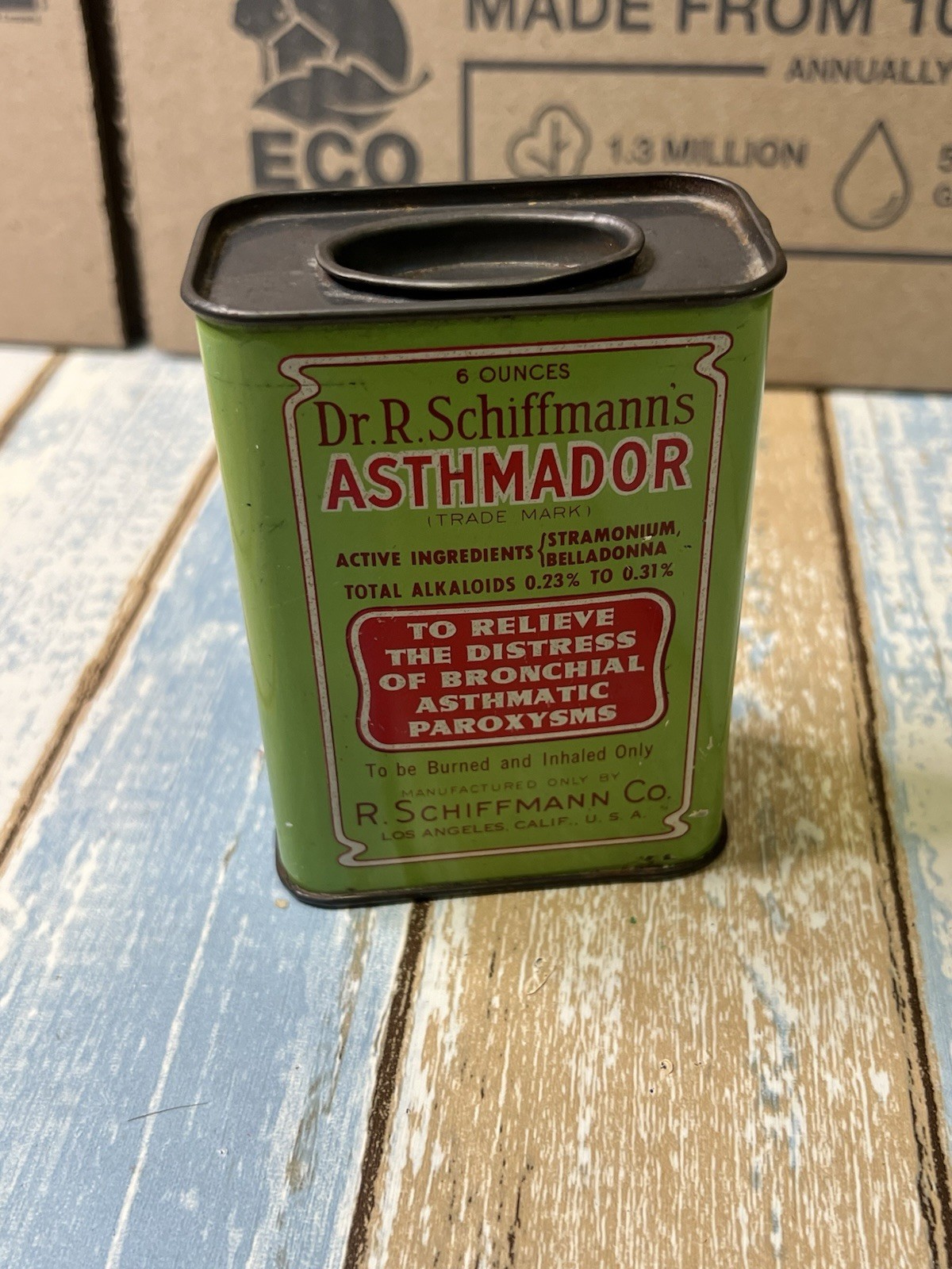 1920’s DR R SCHIFFMANN’S ASTHMADOR TIN ASTHMA HAY FEVER & SPASMODIC CROUP LA, CA