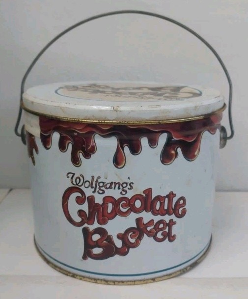 Wolfgang’s Chocolate Bucket with Handle Tin – Empty 7”x 5..5” Vtg Collectible