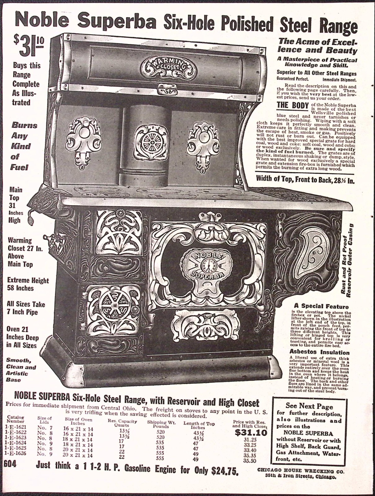 1912 Noble Superba Six Hole Polished Steel Range Cookstove Print Ad