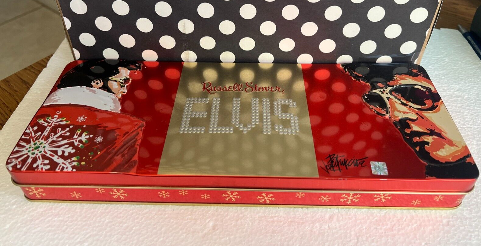 Russell Stover Elvis Christmas Empty Candy Collectible Tin Box 12.25″ x 4.5″