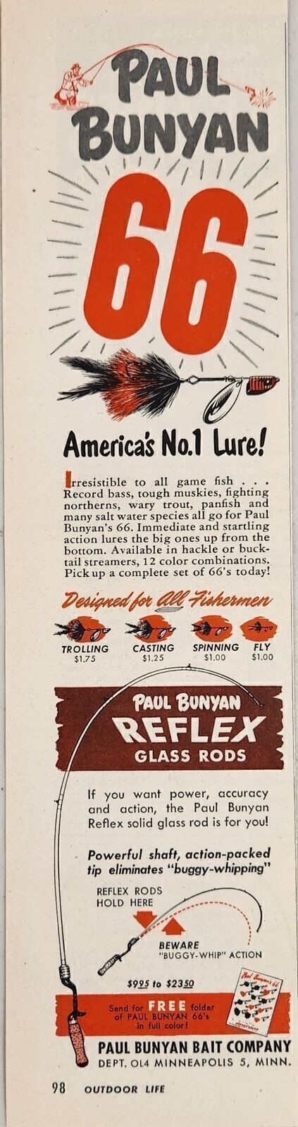 1952 Print Ad Paul Bunyan 66 Bass,Muskie Fishing Lures,Glass Rods Minneapolis,MN