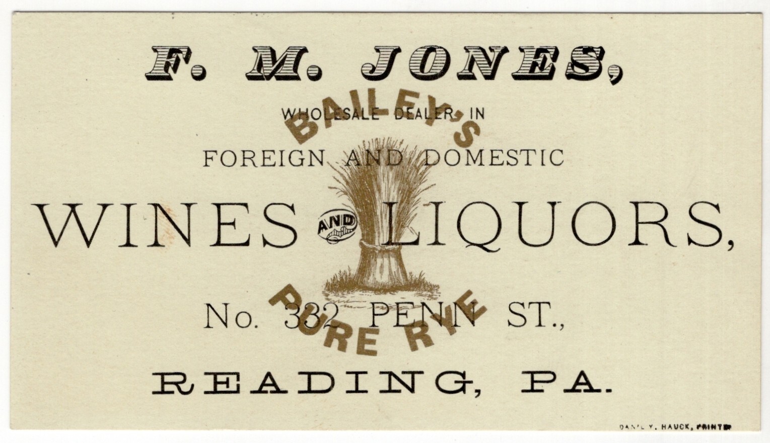 Business Card Promoting FM Jones Wines Liquors Bailey’s Pure Rye Reading, PA