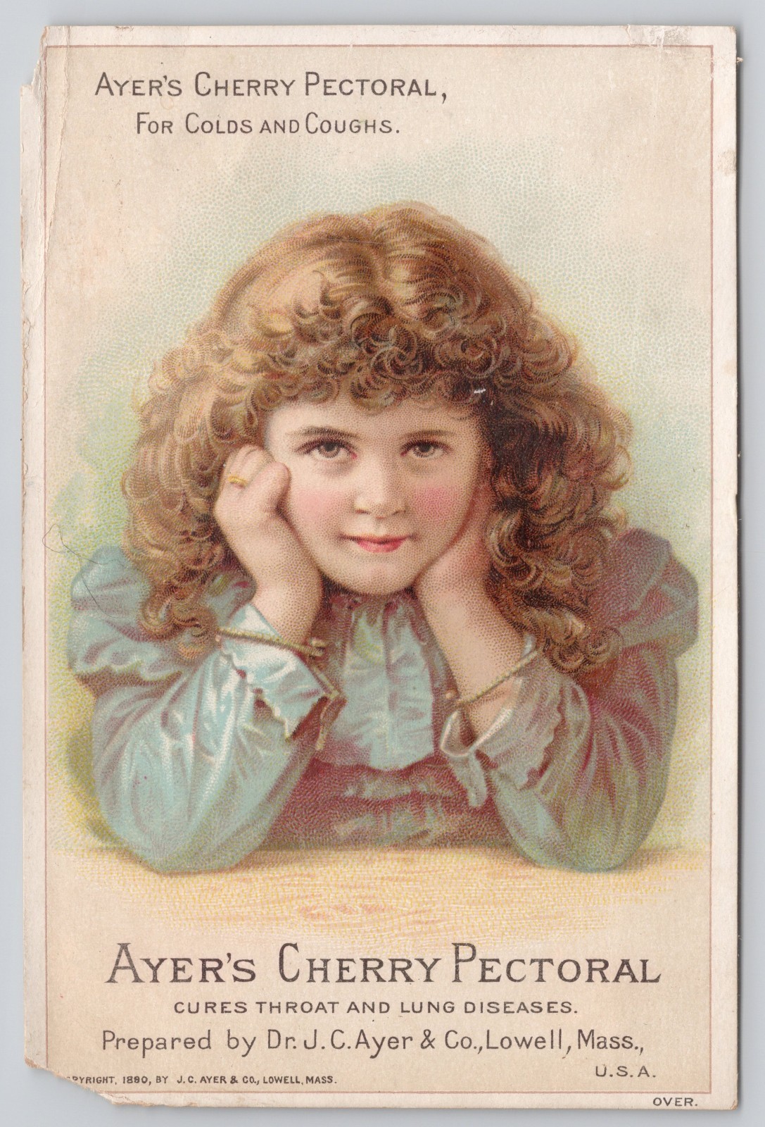 Victorian Trade Card c1880 Ayer’s Cherry Pectoral Curly Haired Girl Lowell Mass