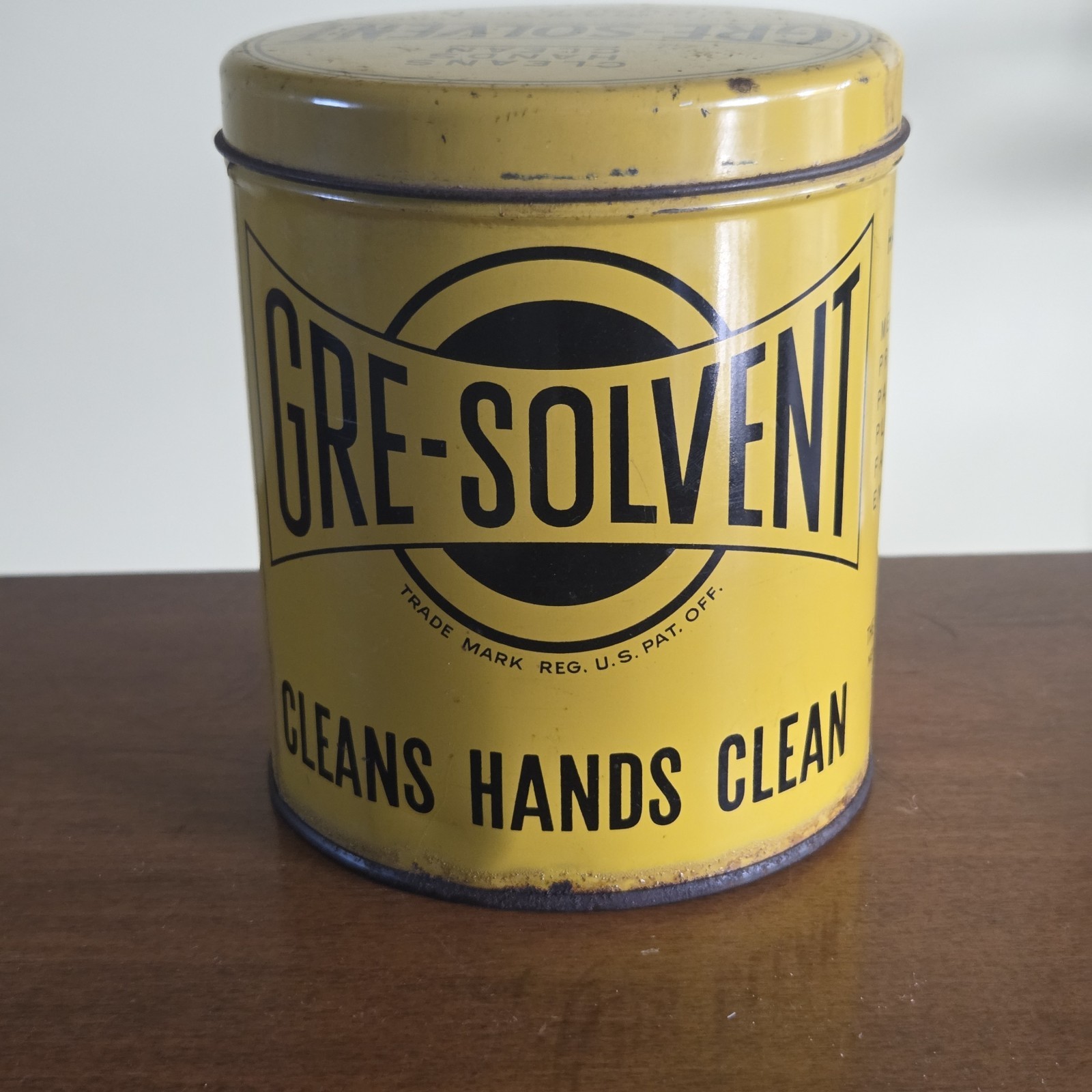 Vintage Art Deco Yellow & Black Gre-Solvent Hand Cleaner 3lb Tin Can 5″ x 4″