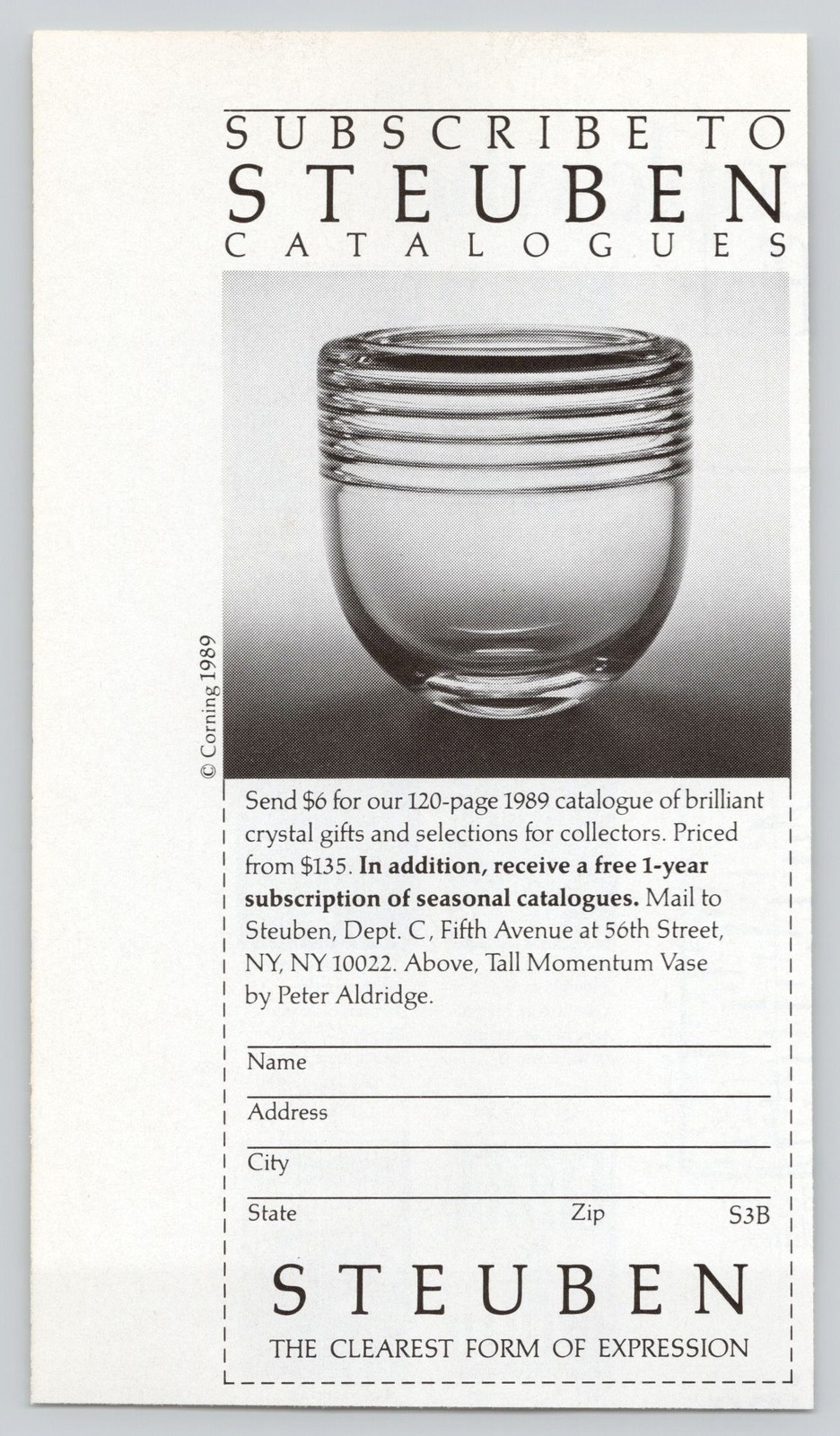 Steuben Catalogues Crystal Fifth Ave NYC Collectors 1989 Print Ad