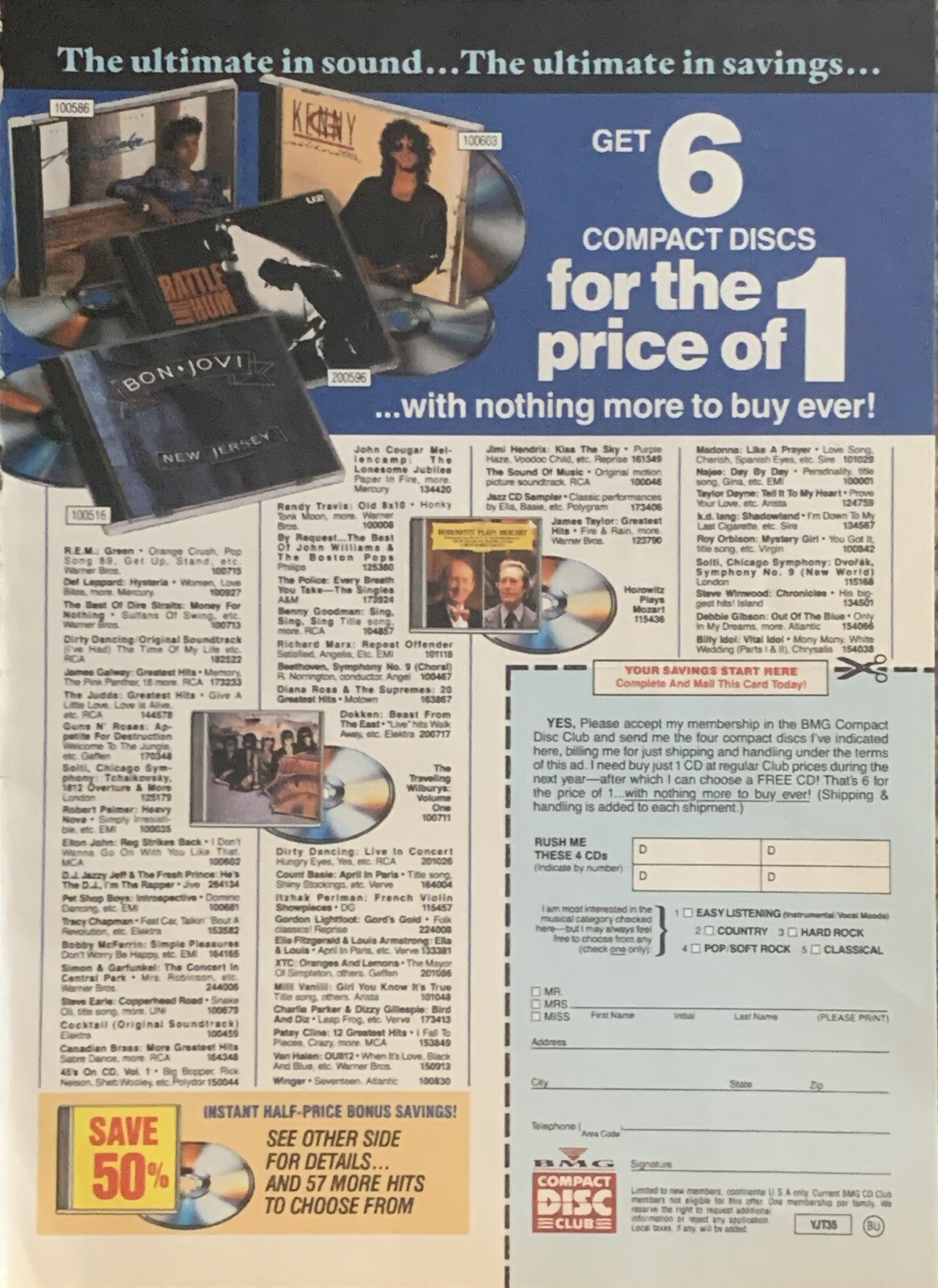 1989 BMG Compact Disc Club PRINT AD Music 6-For-1 Kenny G Bon Jovi VTG 1980s