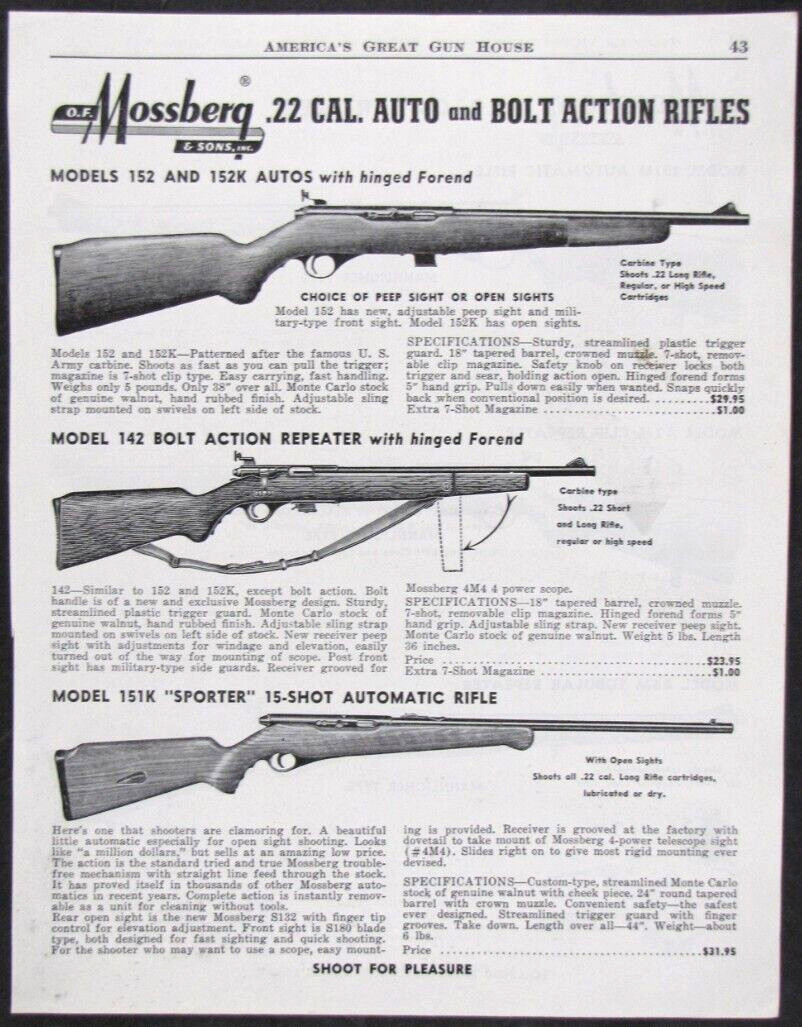 Vintage 1952 Mossberg 142 / 151 / 152 Rifle Gun Print Ad