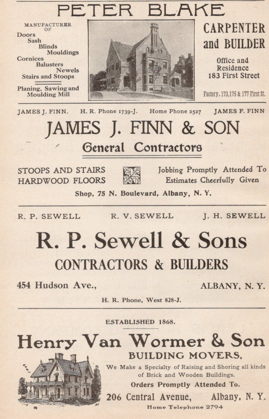 1906 Builders Peter Blake James J Finn R P Sewell Van Wormer Albany NY Print Ad