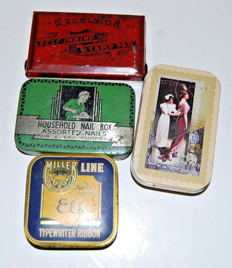 1930s Lot of 4 Vintage Rare Small Tins Excelsior Self Inking Stamp Pad and More!