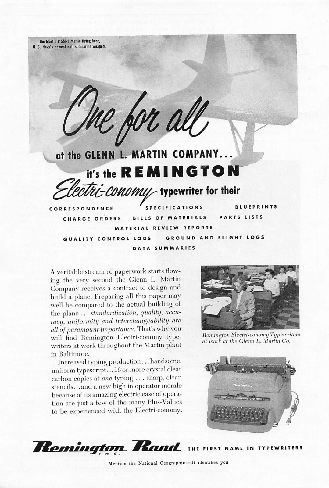 Remington Rand Print Ad Typewriter Advertising Navy Martin P5M Flying Boat 1952