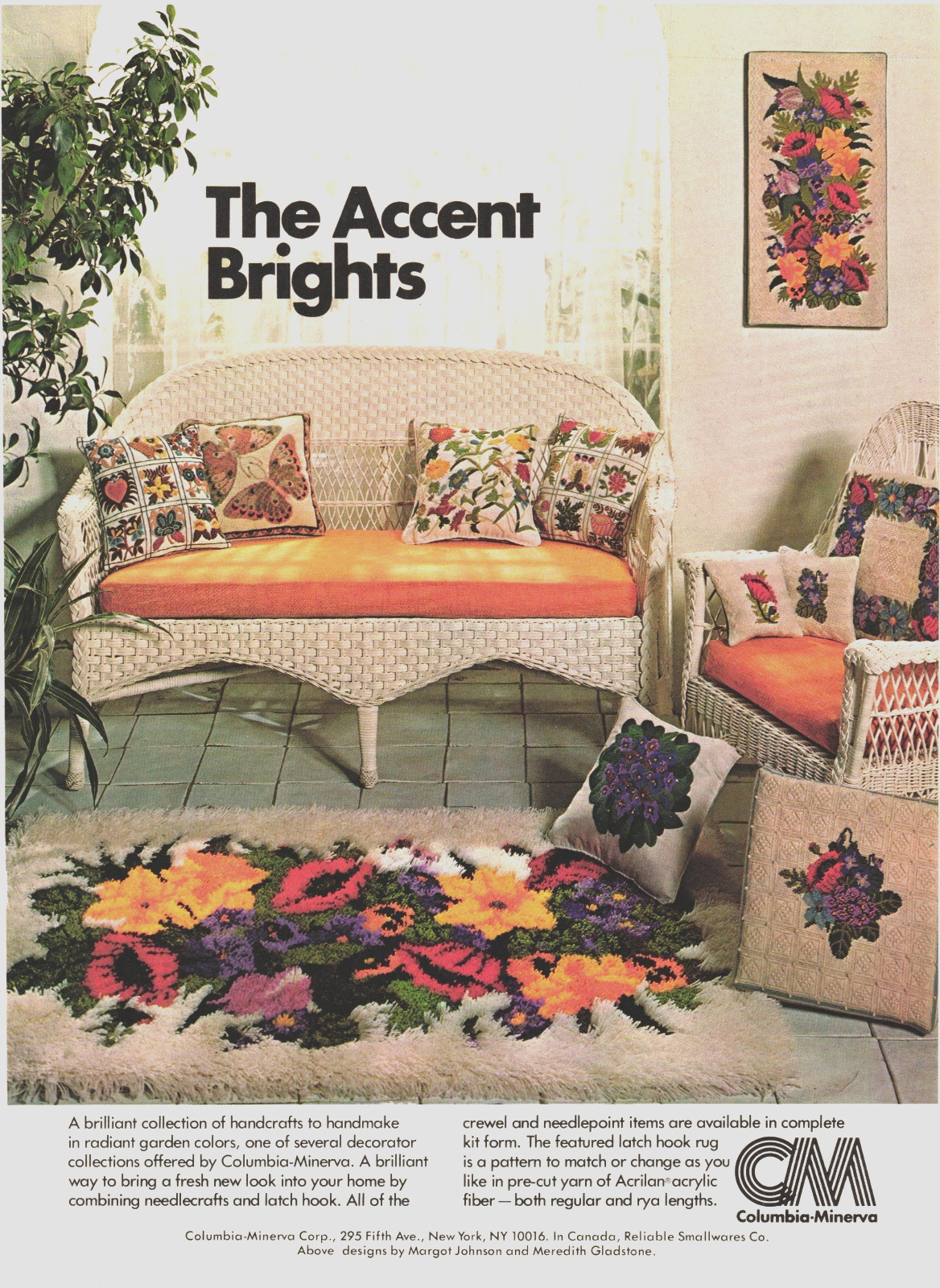 Columbia Minerva Latch-hook Rug Wicker Chair Pillow Kits Botanical Print Ad 526