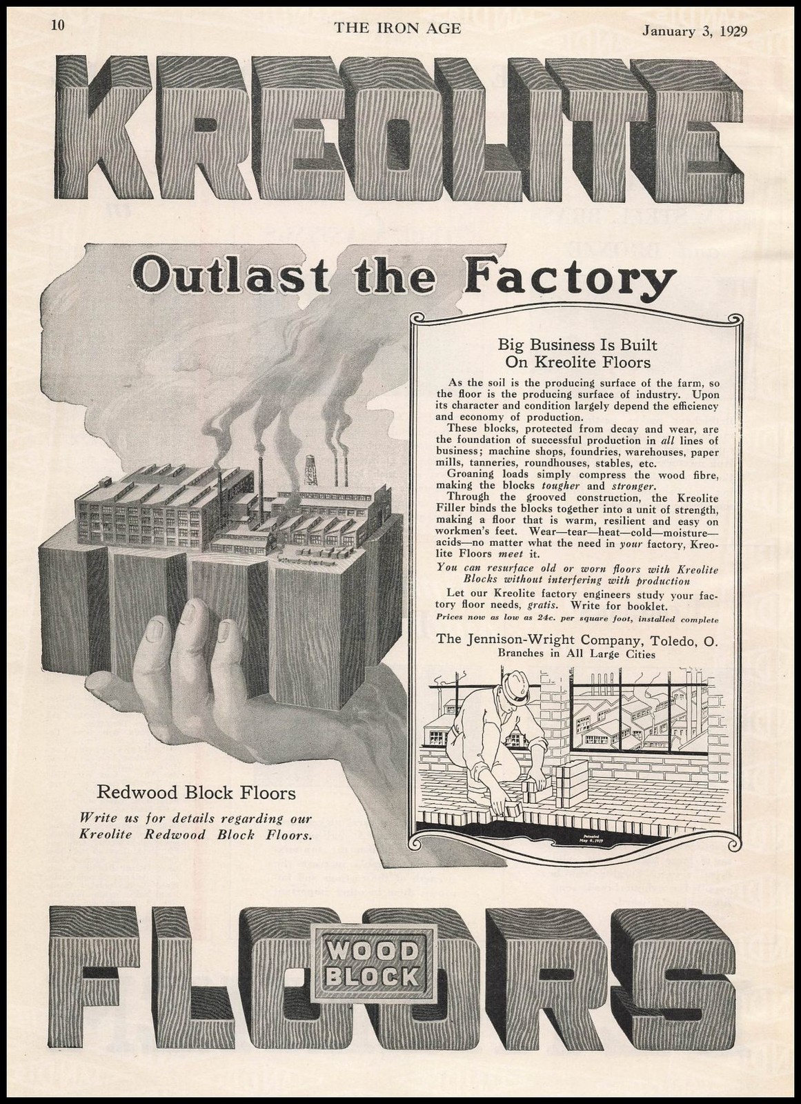 1929 Jennison Wright Company Toledo Ohio Kreolite Redwood Block Floors Print Ad