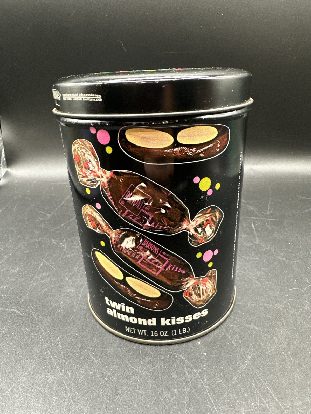 Vintage Barton’s MOD Canister Metal Tin Black Groovy Design 70s Almond Kisses