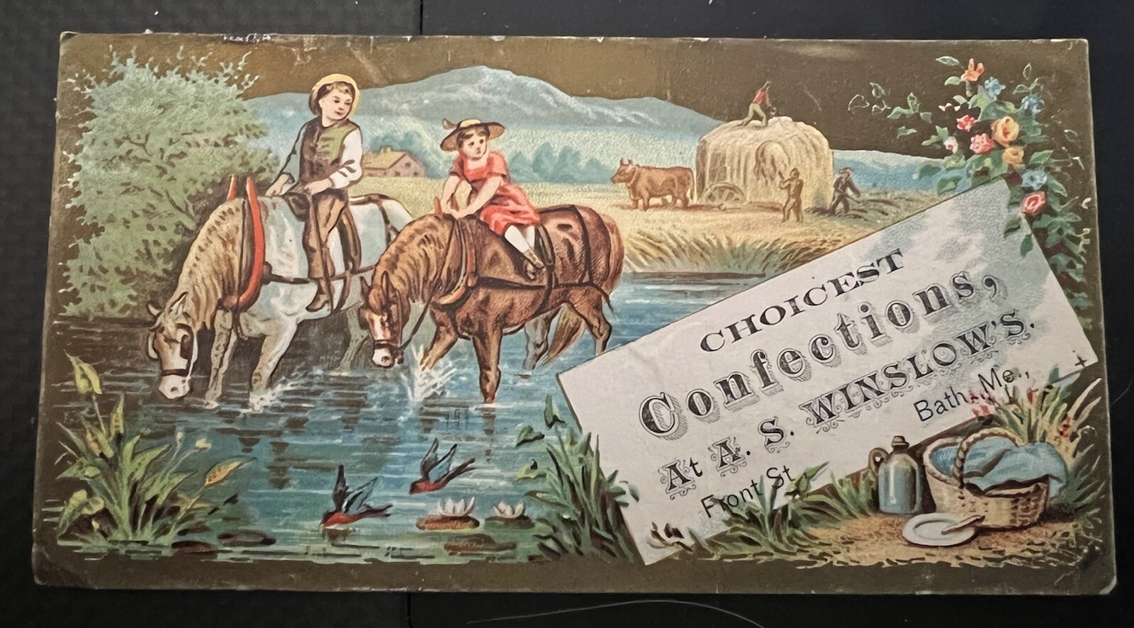 A. S. Winslow’s Confectionaries Candy Star Trade Card Bath Maine Children Horses